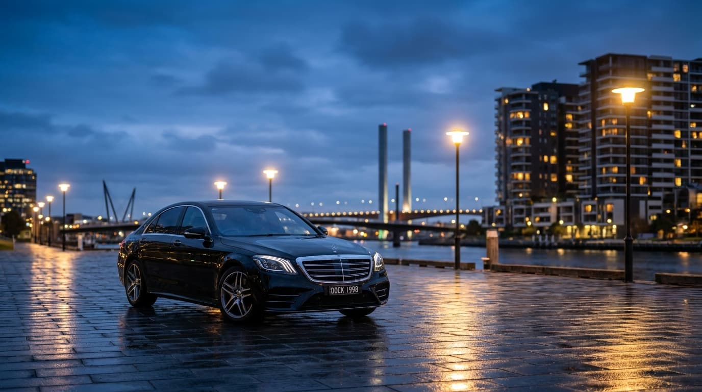 Black Mercedes sedan beside the Docklands waterfront