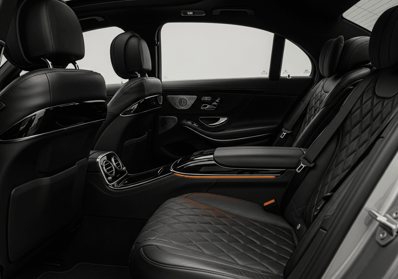 Luxury chauffeur cabin with black leather seating