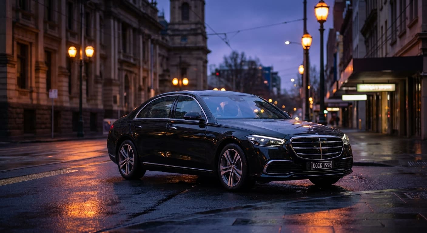 Black Mercedes S-Class sedan on a Melbourne street